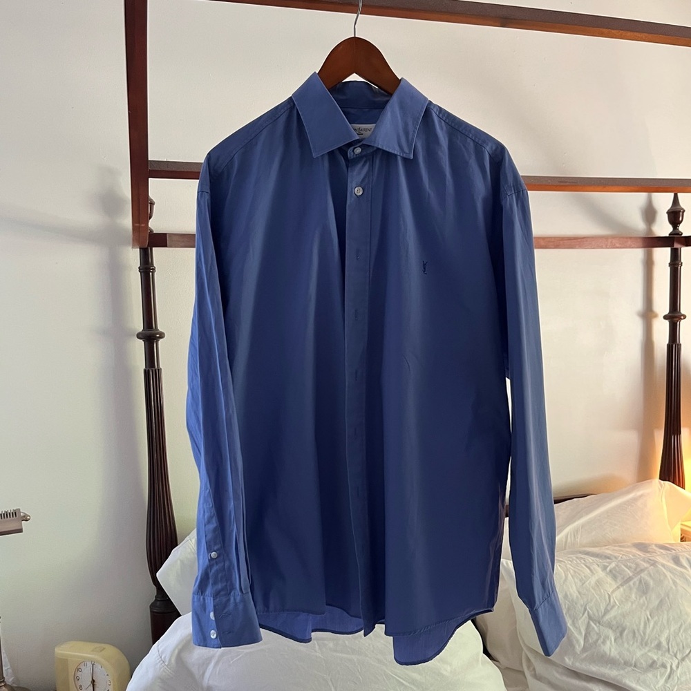 Vintage Men’s YSL French Blue Embroidered Logo Buttondown Shirt